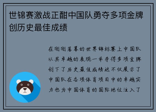 世锦赛激战正酣中国队勇夺多项金牌创历史最佳成绩