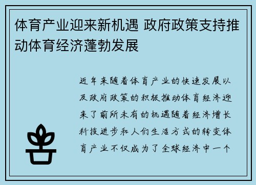 体育产业迎来新机遇 政府政策支持推动体育经济蓬勃发展